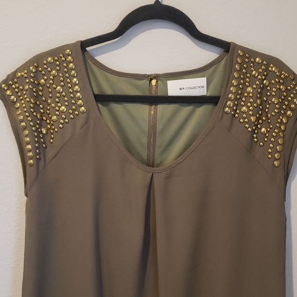 Army Green Shift Dress w/ Brass Studded Shoulders - Picture 3 of 7